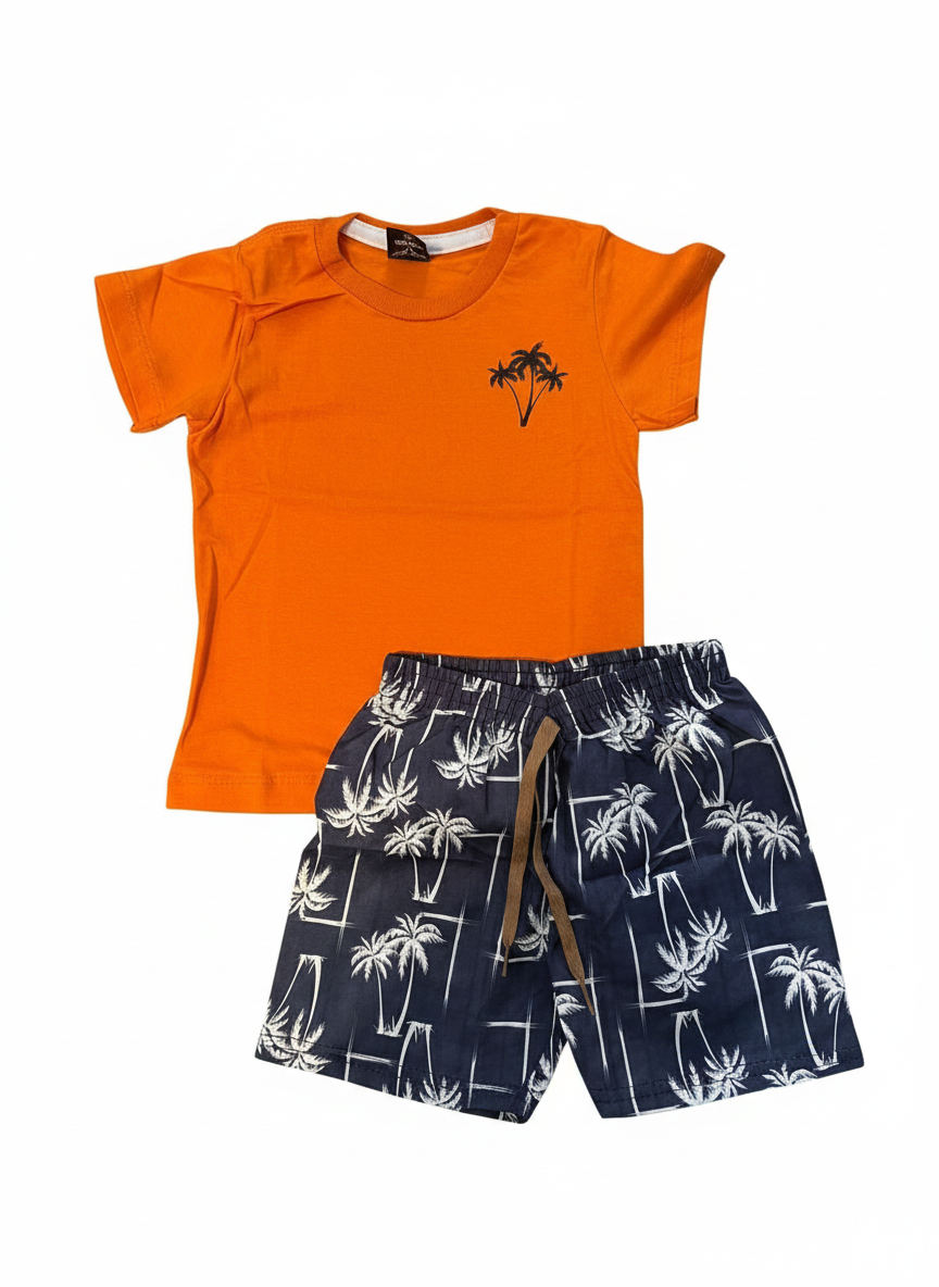 Conjunto Infantil Camiseta Laranja Neon e Short Praia Coqueiros Tropical