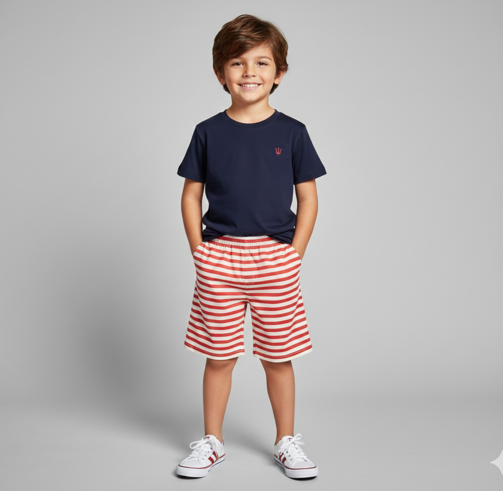 Conjunto Camiseta Marinho Premium e Short Listrado Vermelho/Branco - Linha Clássica