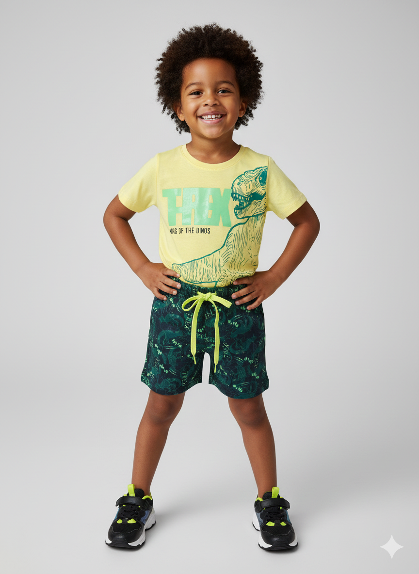 Conjunto Infantil T-Rex – Camiseta Amarela “King of the Dinos” + Shorts Verde Estampado