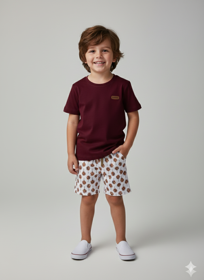 Conjunto Infantil Bordô Tropical – Camiseta Lisa Premium + Short Estampado de Coqueiros