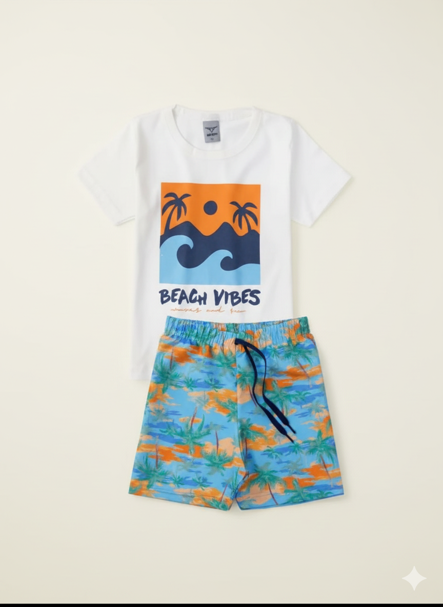 Conjunto Infantil Beach Vibes – Camiseta Estampada + Short Praia Palm Trees