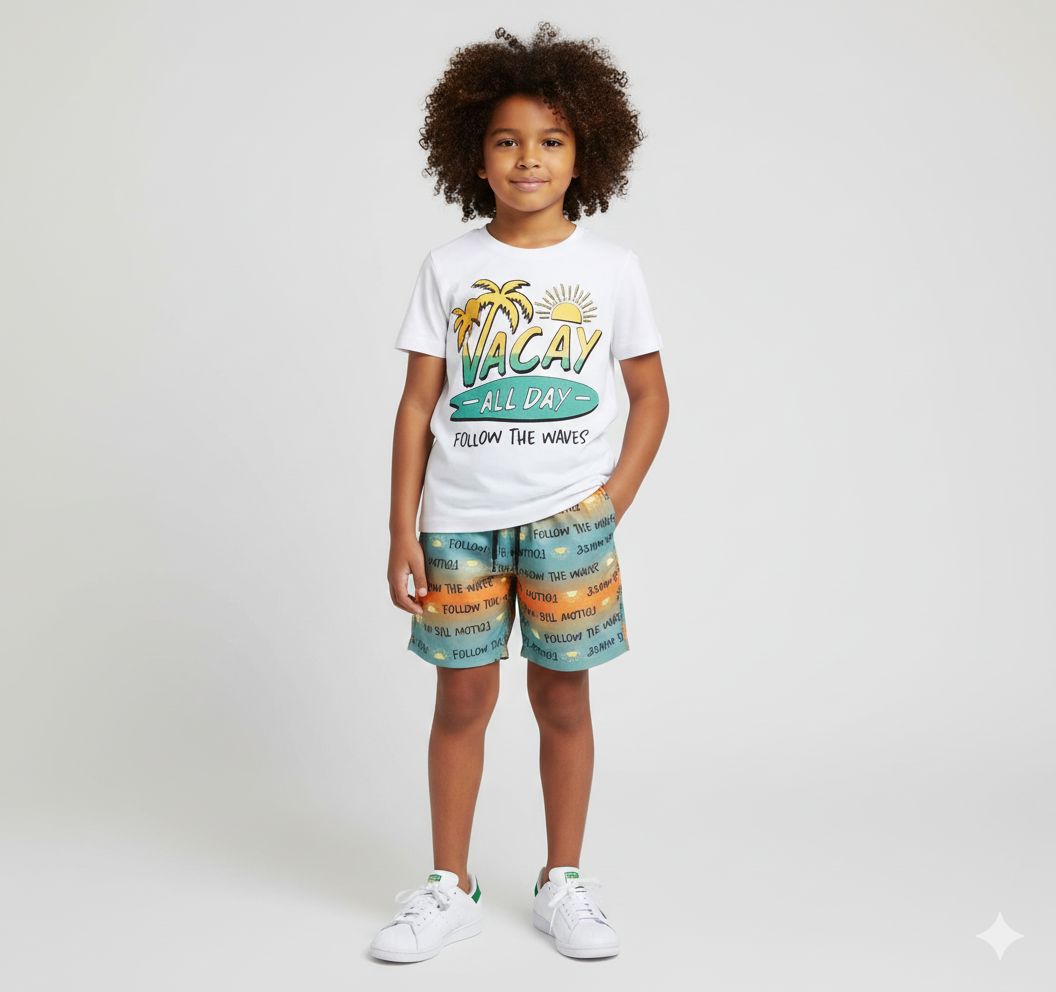 Conjunto Camiseta "Vacay All Day" e Short Estampado Surf - Linha Tropical Kids