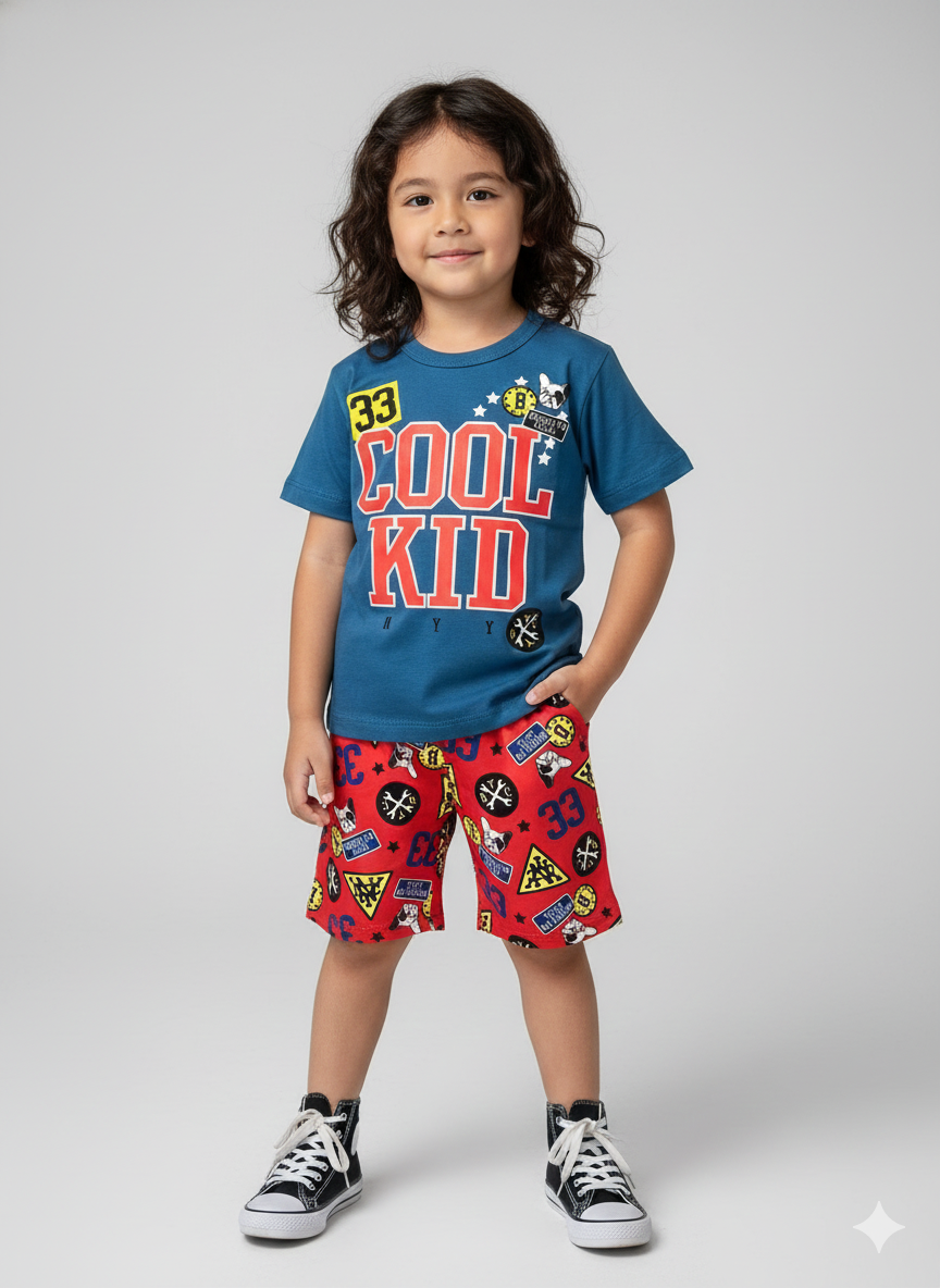 Conjunto Infantil “Cool Kid” – Camiseta Azul + Shorts Vermelho Estampado