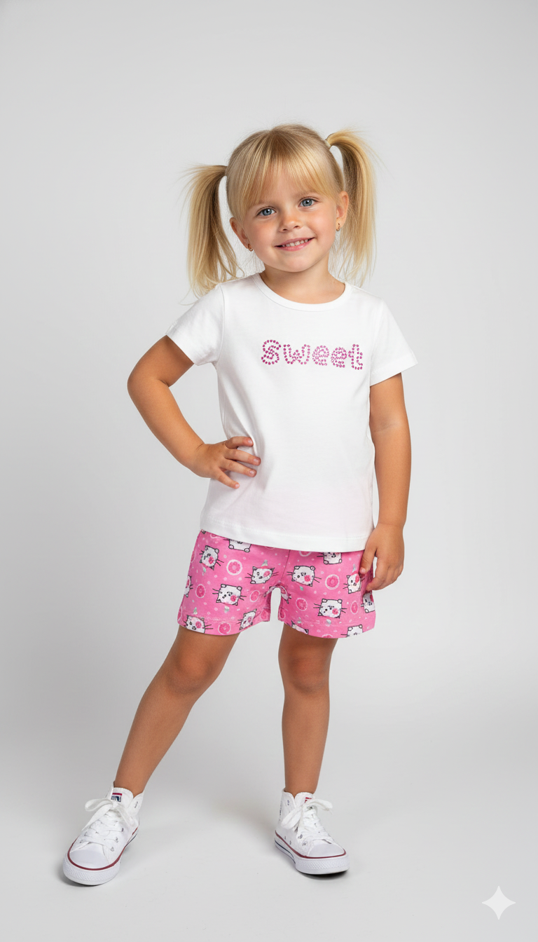 Conjunto Verão "Sweet Kitty" – Camiseta Branca com Brilho e Short Pink Gatinhas