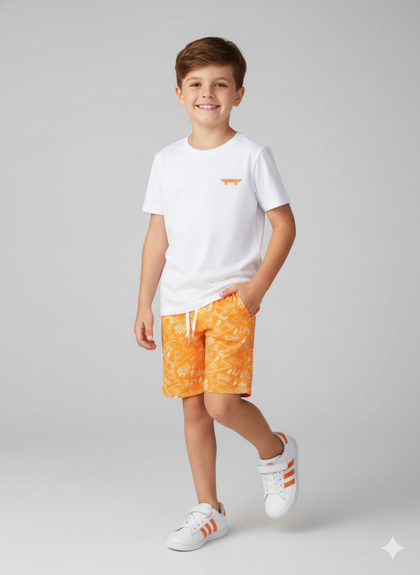 Conjunto Camiseta Branca Skate e Short Laranja Estampado