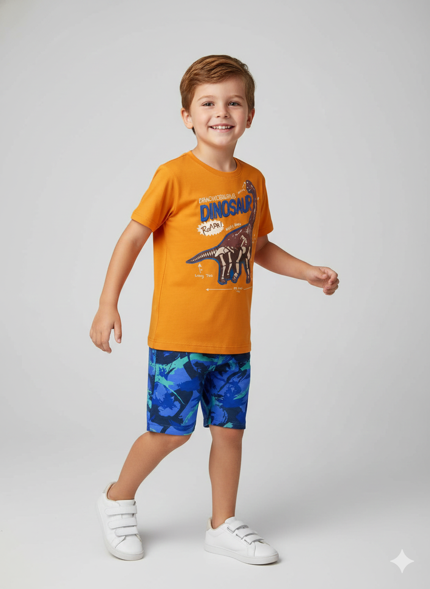 Conjunto Infantil Laranja e Bermuda Camuflada Azul - Aventura Dinossauro