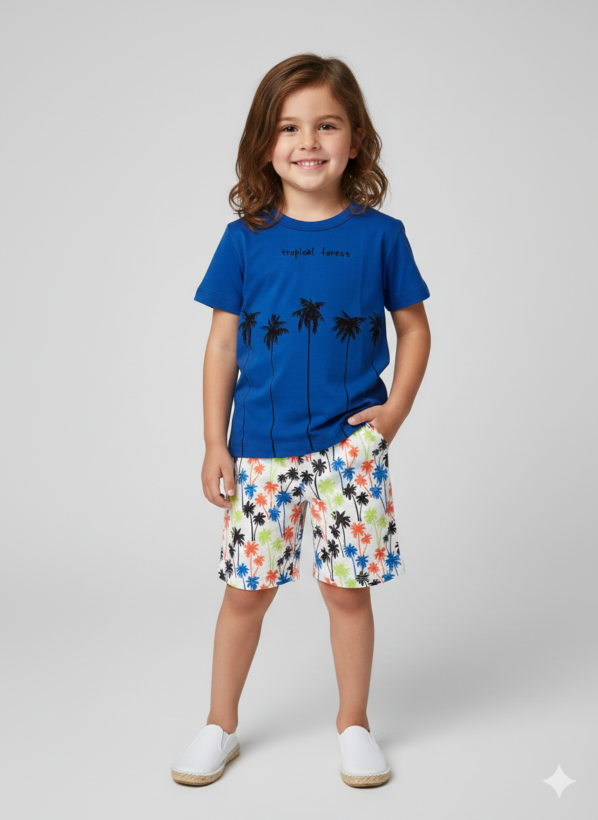 Conjunto Infantil Tropical – Camiseta Azul “Tropical Forest” + Shorts Estampado de Palmeiras