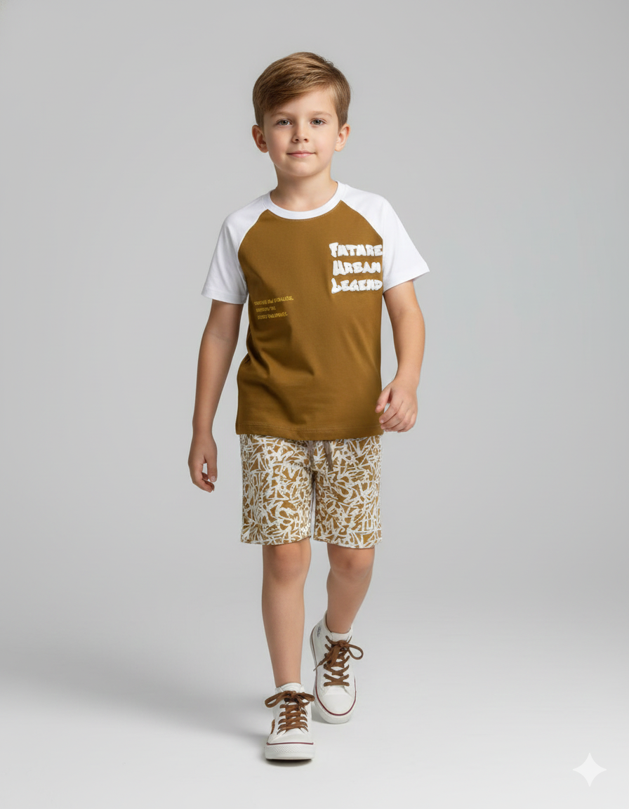 Conjunto Infantil Raglan "Urban Legend" - Camiseta Streetwear e Shorts Abstrato