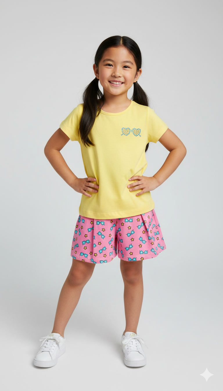 Conjunto Infantil Verão Menina - Camiseta Amarela e Shorts Saia Estampado