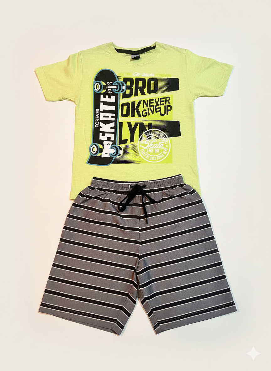 Conjunto Infantil Skate – Camiseta Verde + Bermuda Listrada Cinza (Menino)