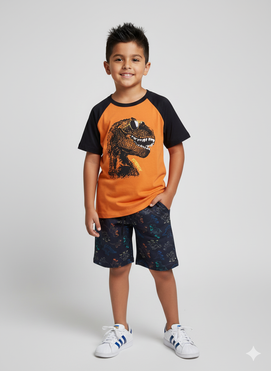 Conjunto Camiseta Raglan T-Rex Cool e Short Dinossauros - Linha Aventura Kids