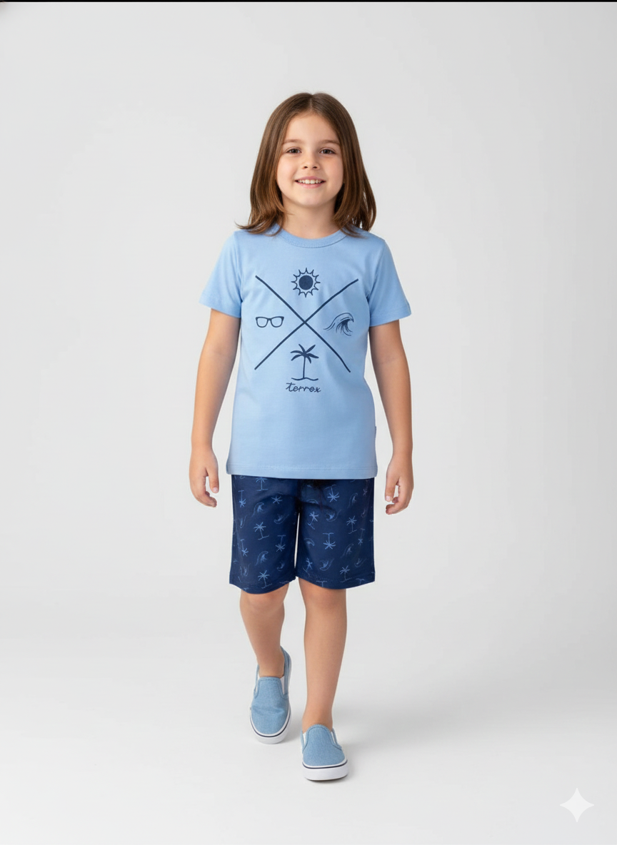 Conjunto Infantil Verão Vibes T-Shirt Azul Céu e Shorts Marinho Estampado - Torrox