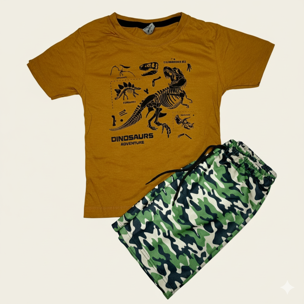 Conjunto Infantil Dinossauro Adventure – Camiseta Mostarda + Short Camuflado