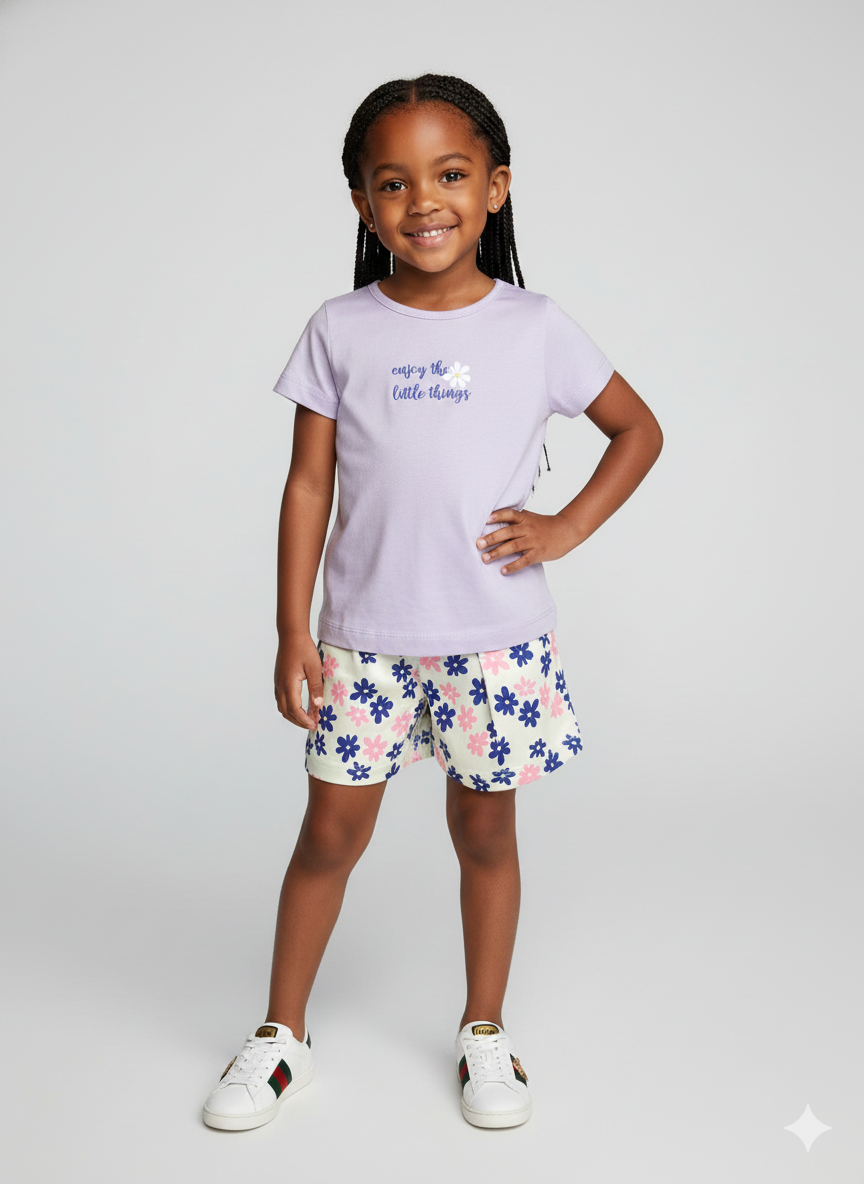 Conjunto Verão "Enjoy the Little Things" – Camiseta Lilás e Short Margaridas