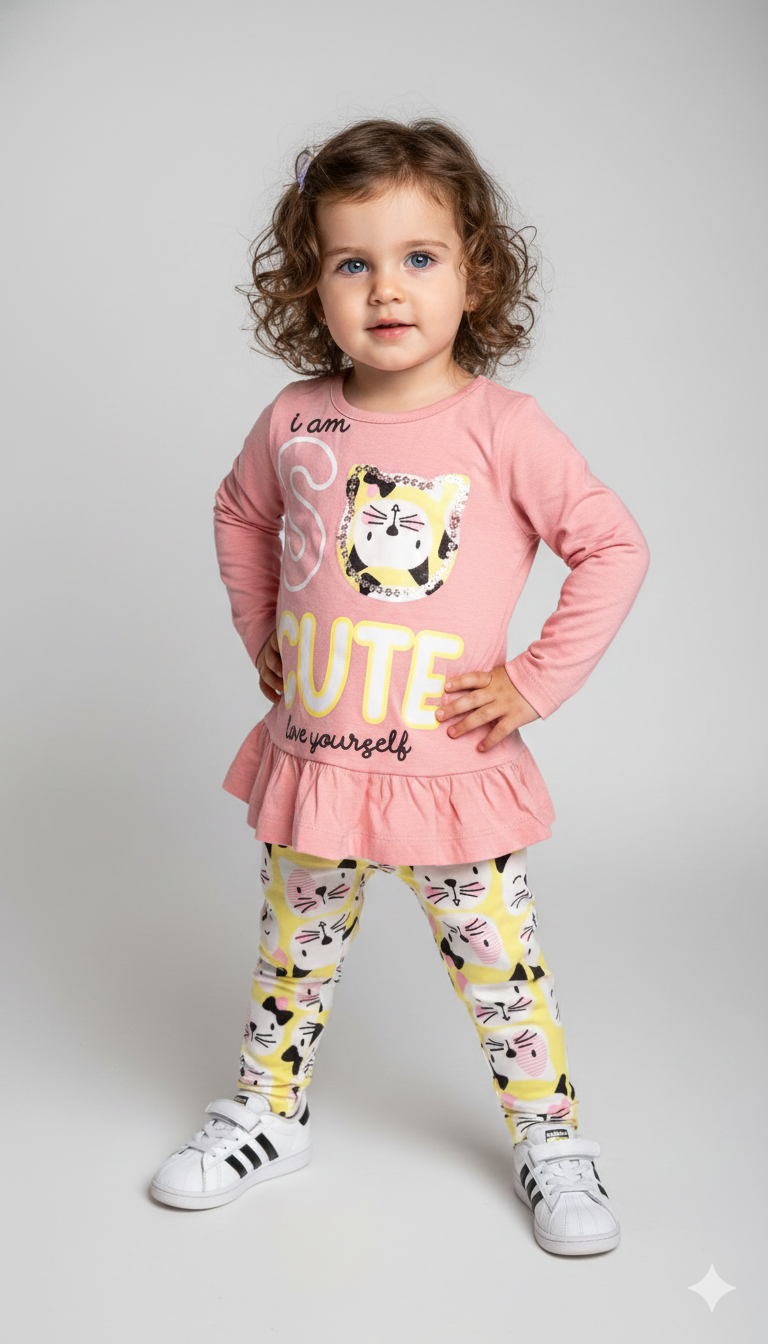 Conjunto Infantil "I Am So Cute" – Blusa Peplum Rosa e Legging Gatinhos