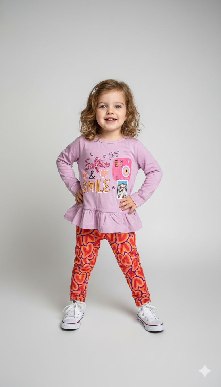 Conjunto Infantil "Selfie & Smile" – Blusa Peplum Lavanda e Legging Corações