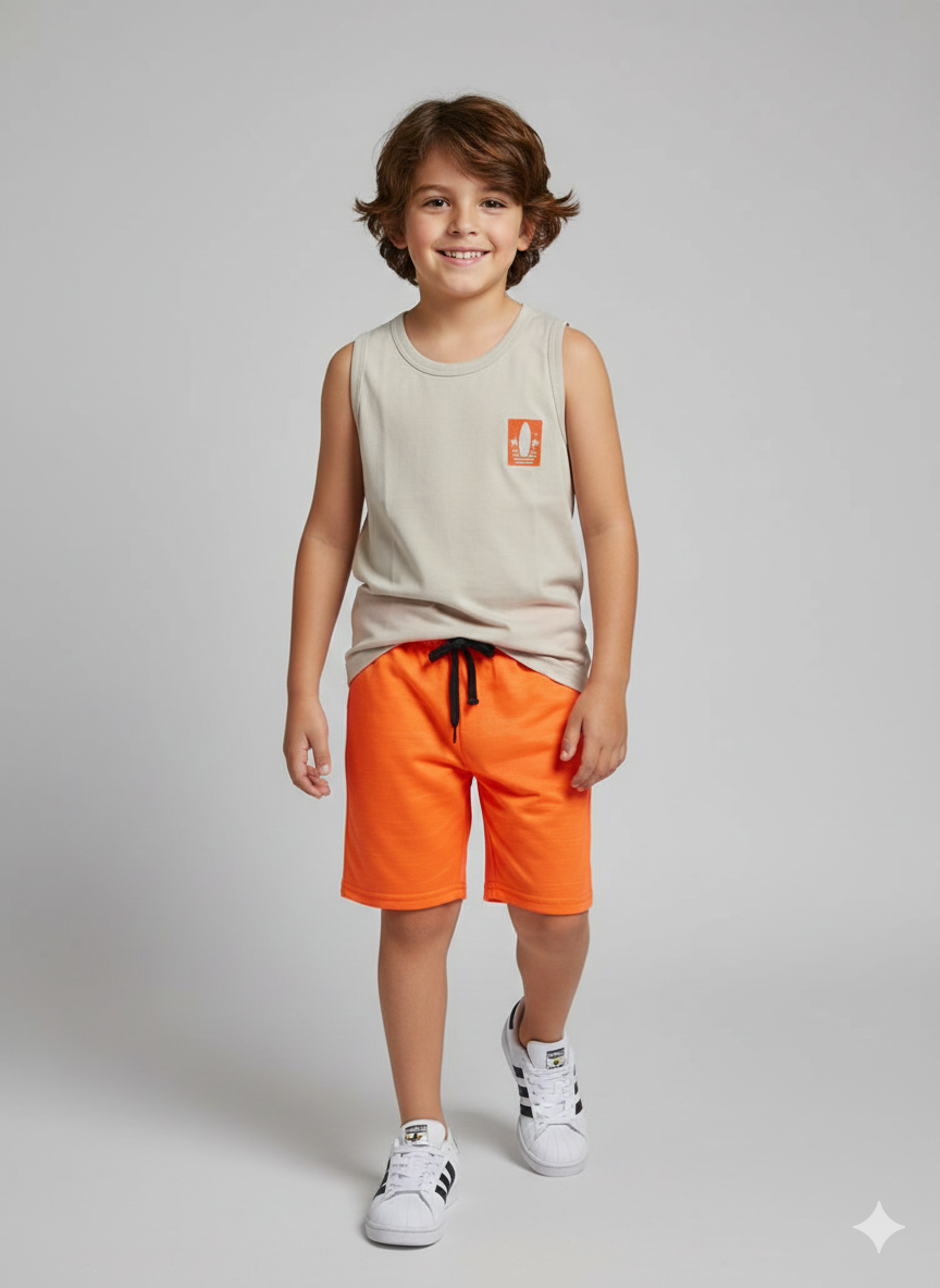 Conjunto Juvenil Regata Bege Areia e Shorts Laranja Liso - Estilo Verão