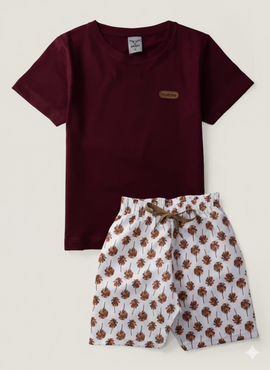 Conjunto Infantil Bordô Tropical – Camiseta Lisa Premium + Short Estampado de Coqueiros