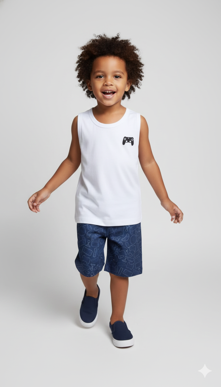 Conjunto Infantil Gamer Regata e Shorts Estampado - Controle de Videogame