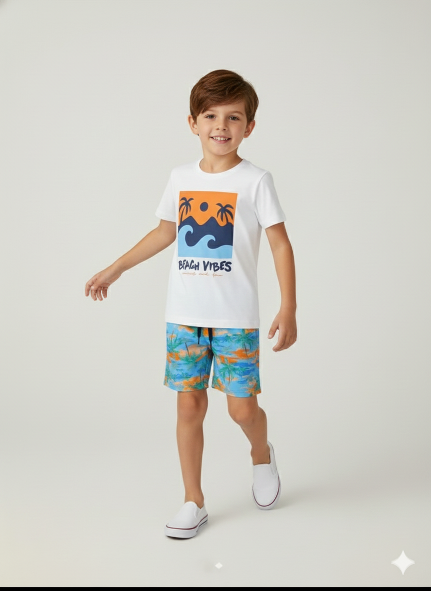 Conjunto Infantil Beach Vibes – Camiseta Estampada + Short Praia Palm Trees
