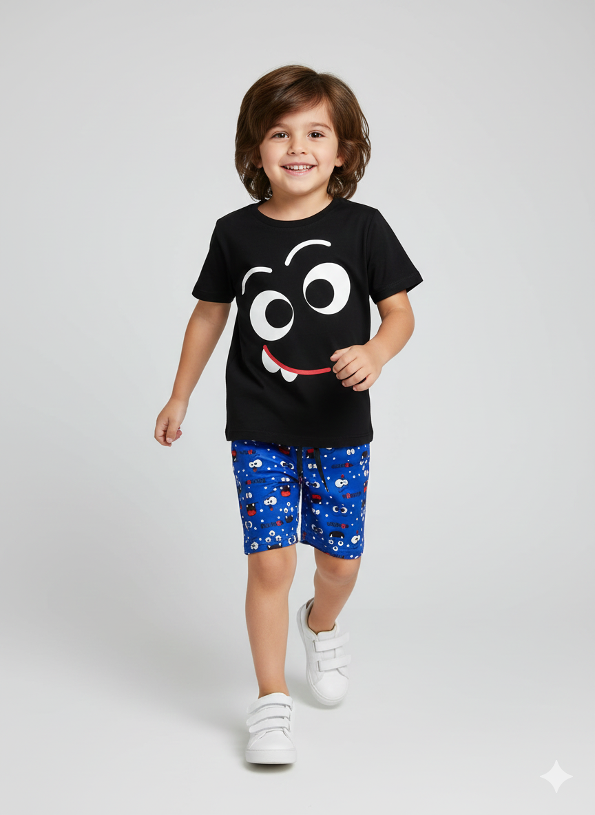 Conjunto Infantil Monstro Divertido - Camiseta e Shorts Estampados - Verão e Casual