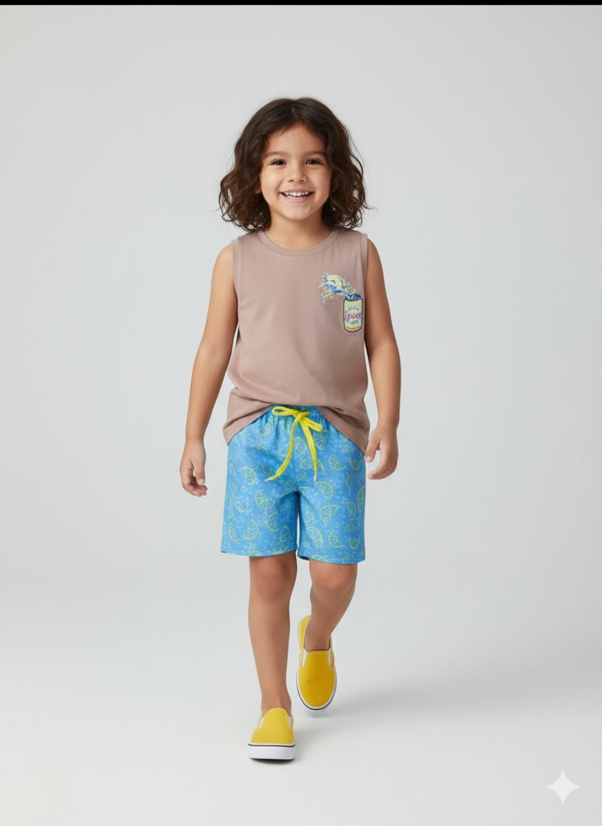 Conjunto Infantil Regata Juice Bar - Shorts Azul Claro Estampa Limões e Frutas Cítricas