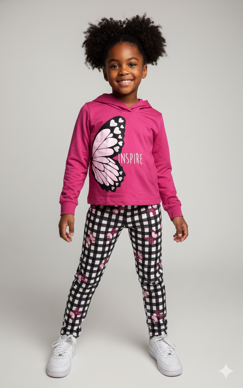 Conjunto Infantil Menina "Inspire" - Blusa com Capuz Pink e Calça Xadrez