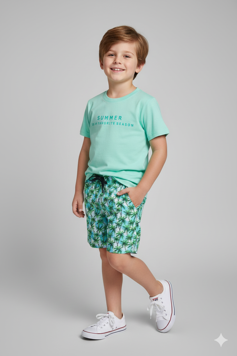 Conjunto Camiseta Verde-Água "Summer" e Short Estampado de Coqueiros - Linha Beachwear