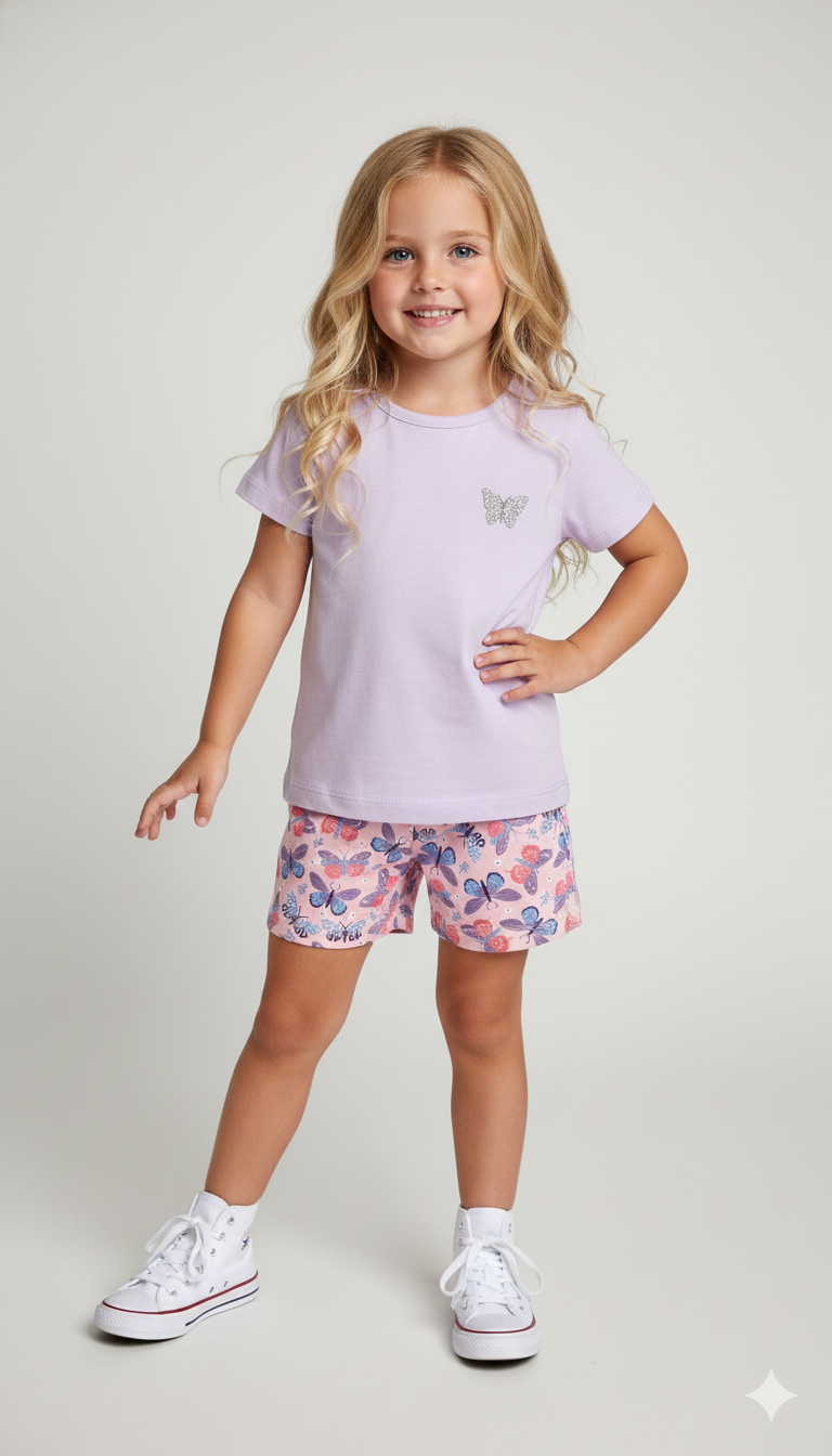 Conjunto Infantil Menina Butterfly Lilás - Camiseta com Aplicação e Shorts Estampado