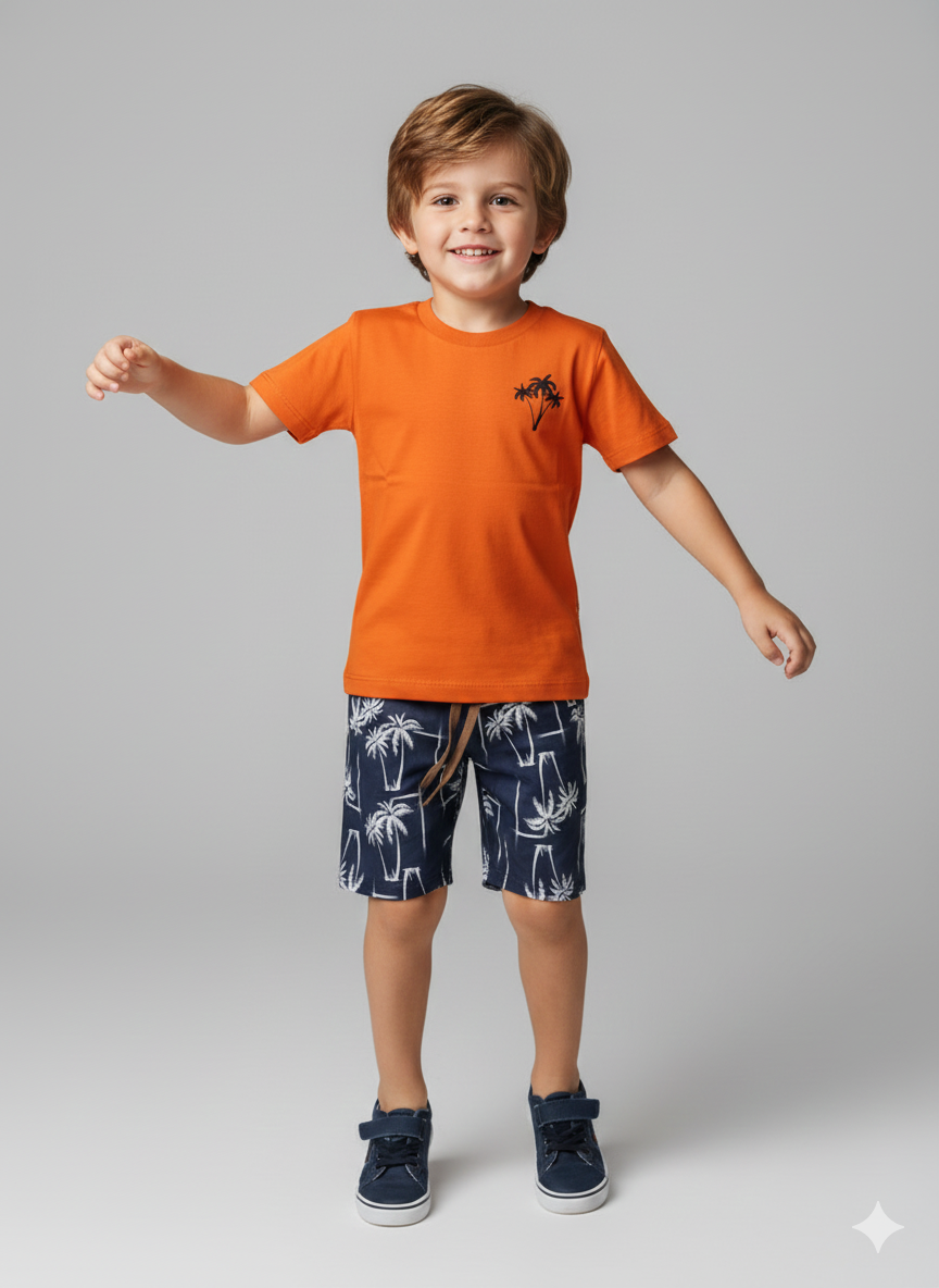 Conjunto Infantil Camiseta Laranja Neon e Short Praia Coqueiros Tropical