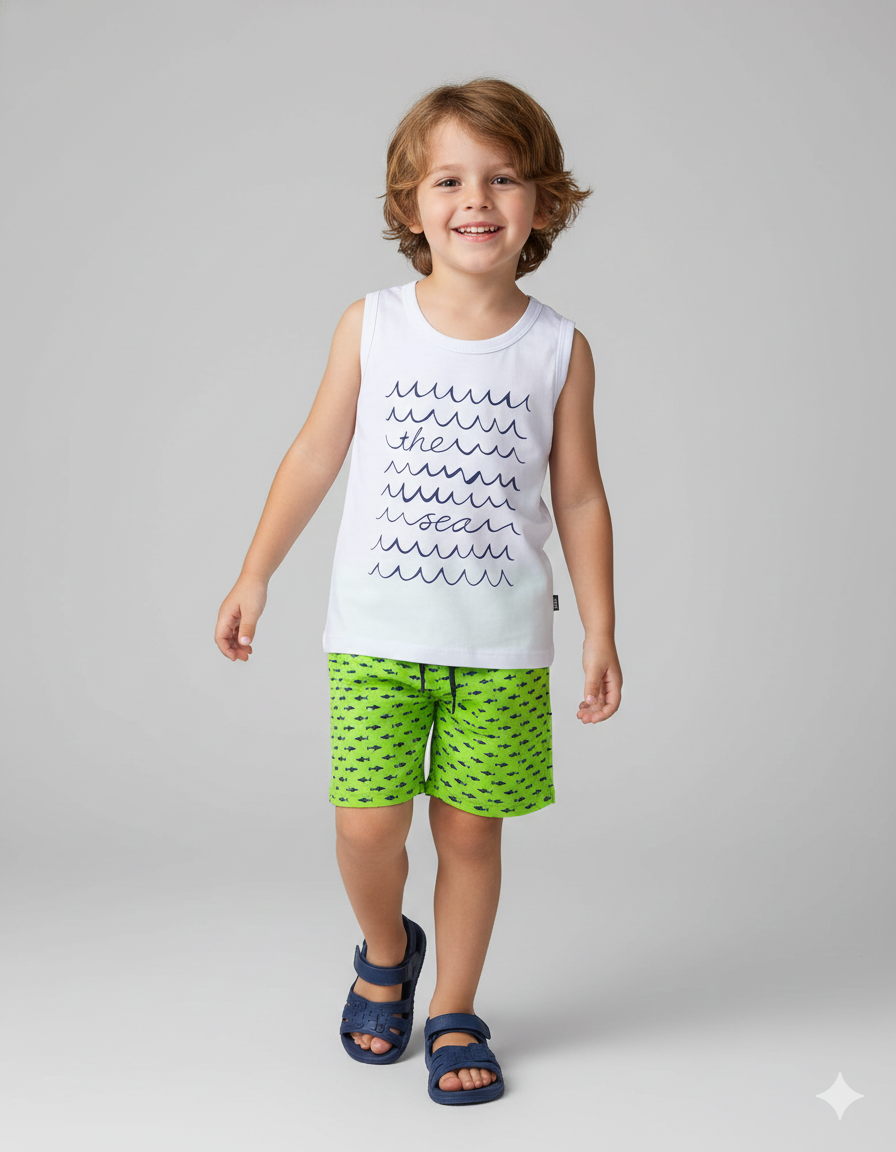 Conjunto Infantil Verão Regata Ondas e Shorts Neon de Tubarões - Kit Praia/Piscina