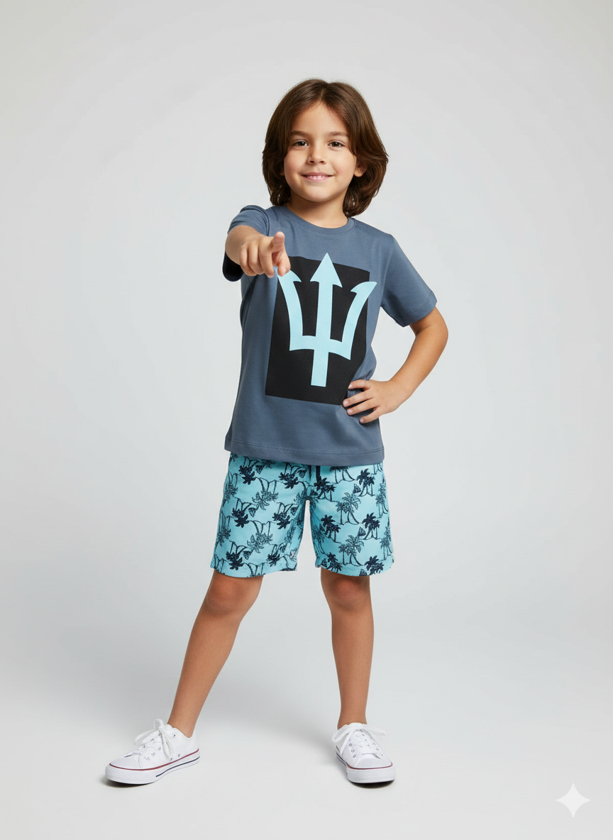 Conjunto Triton Praia Style Premium - Camiseta Tridente Azul Marinho + Short Estampa Palmeiras