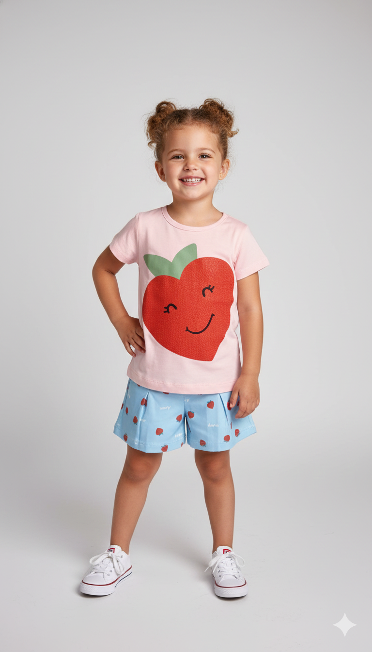 Conjunto Verão "Happy Strawberry" – Camiseta Rosa e Short Azul Moranguinhos