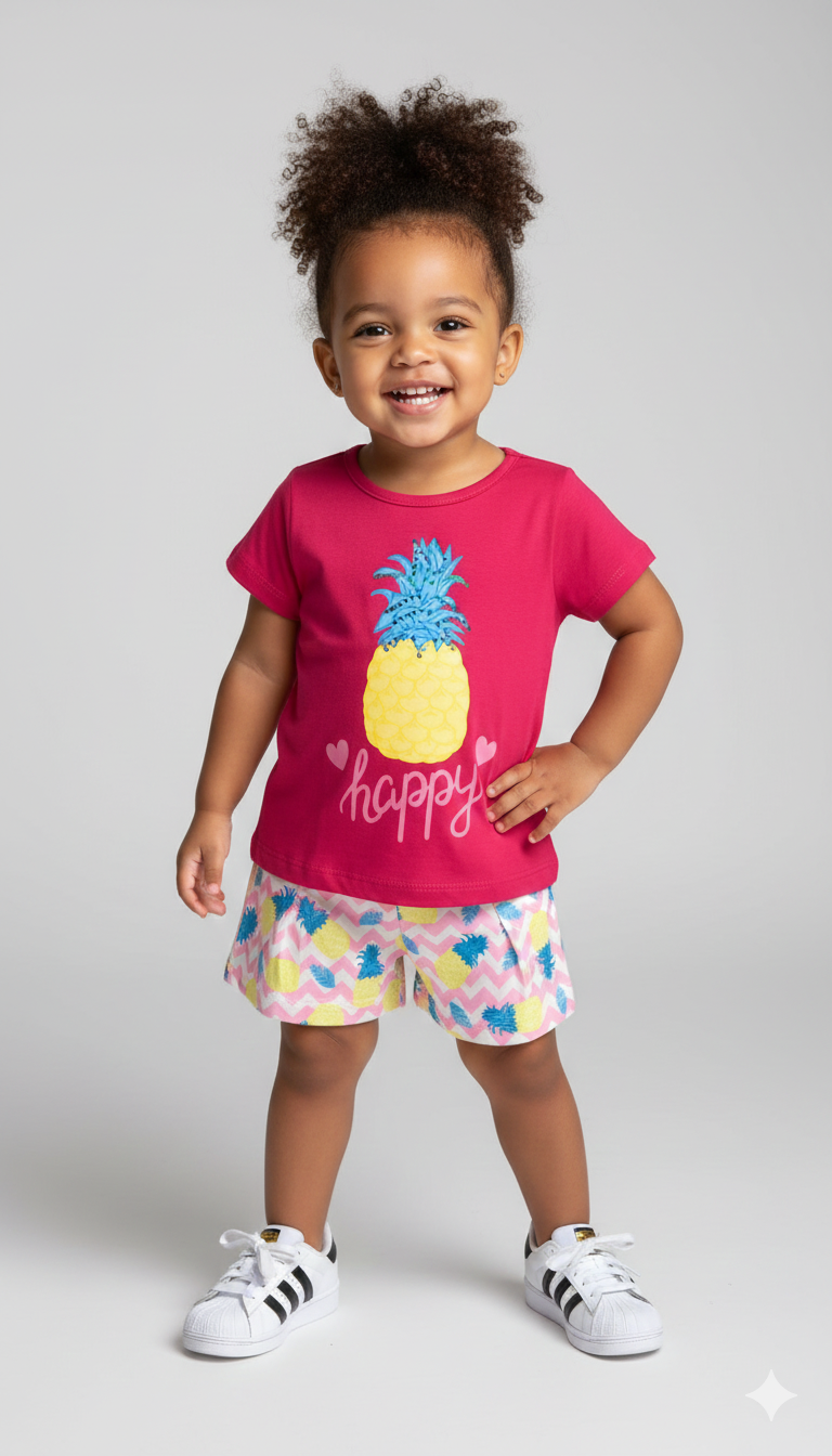 Conjunto Verão "Happy Pineapple" – Camiseta Pink e Short Abacaxi Tropical