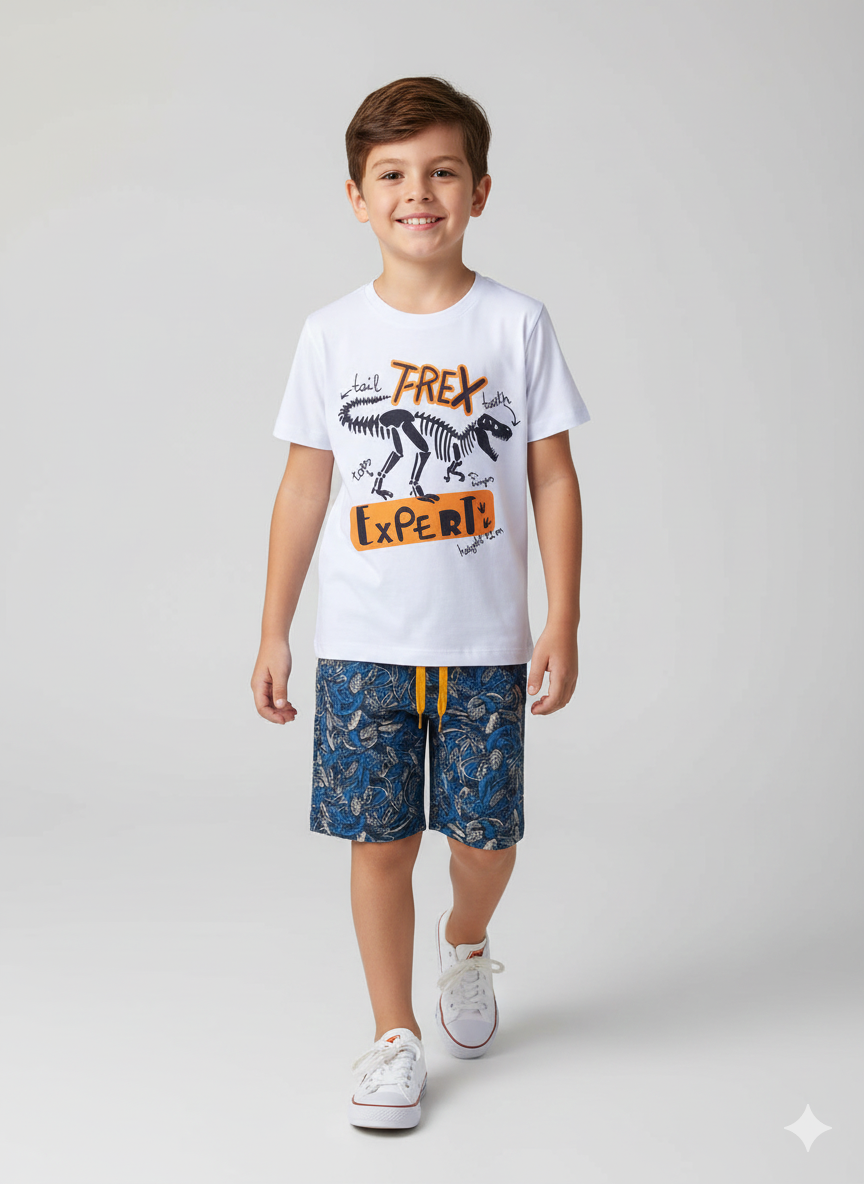 Conjunto Infantil T-Rex Expert - Camiseta Esqueleto Dinossauro e Shorts Floresta Tropical