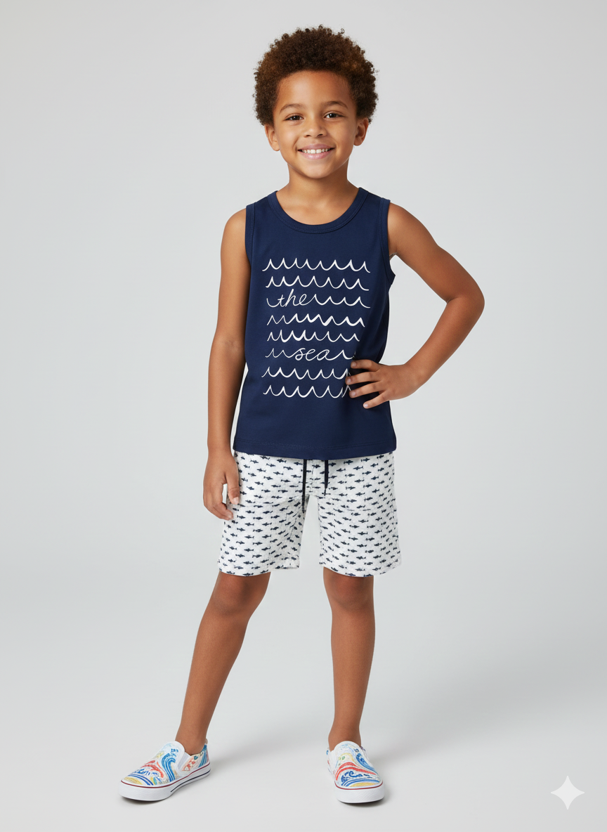 Conjunto Regata Marinho "The Sea" e Short Estampado de Tubarões - Linha Premium Kids