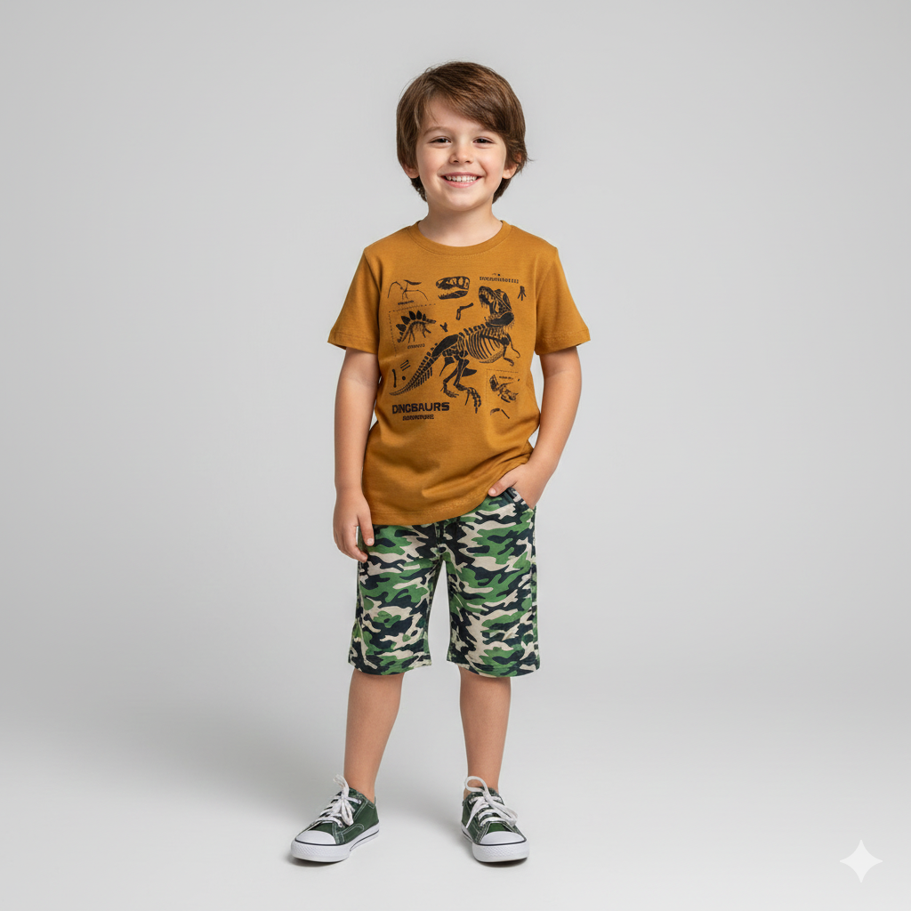 Conjunto Infantil Dinossauro Adventure – Camiseta Mostarda + Short Camuflado
