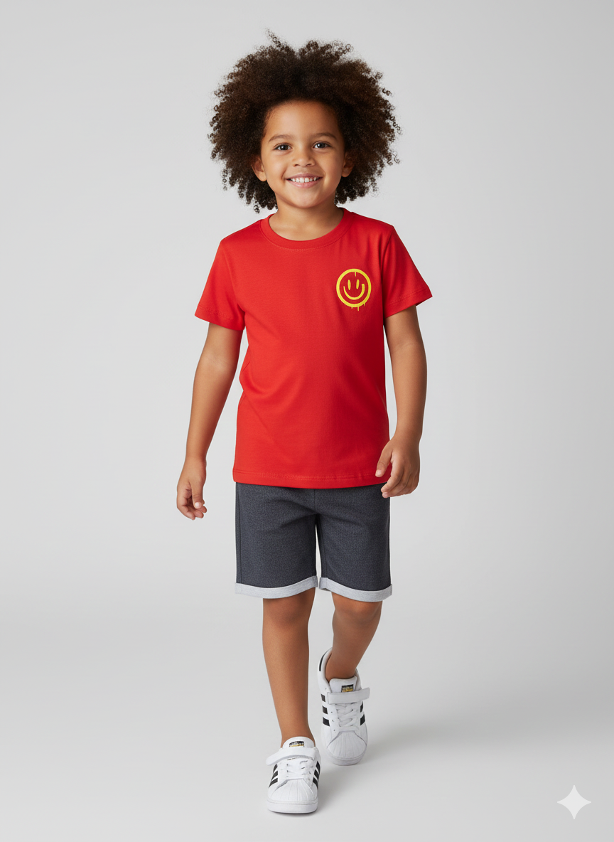 Conjunto Infantil T-Shirt Vermelha Smiley Graffiti e Shorts Chumbo Moderno - Look Urbano