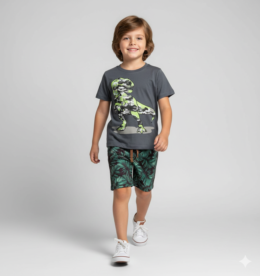 Conjunto Infantil T-Rex Camuflado - Camiseta Cinza e Shorts Tropical - Aventura na Selva