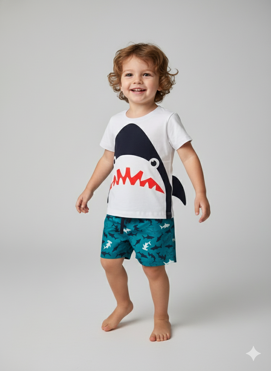 Conjunto Infantil Tubarão Premium - Camiseta 100% Algodão e Short/Bermuda Praia