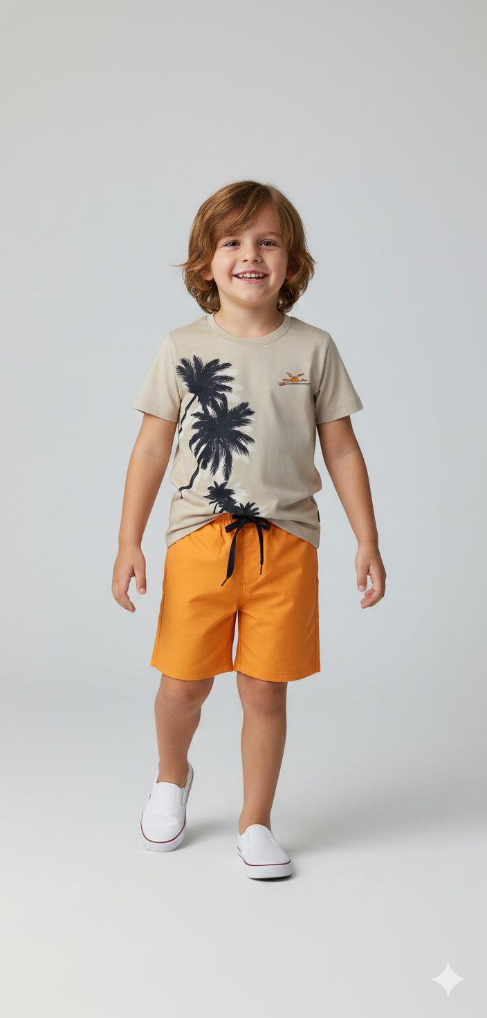 Conjunto Infantil Verão Praia Coqueiros - Camiseta Bege e Shorts Laranja Neon