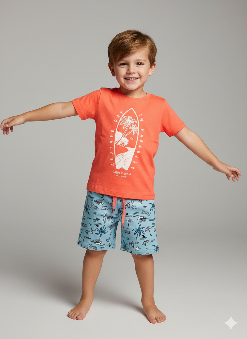 Conjunto Infantil Camiseta Neon Laranja Surf e Short Azul Claro Estampado Praia