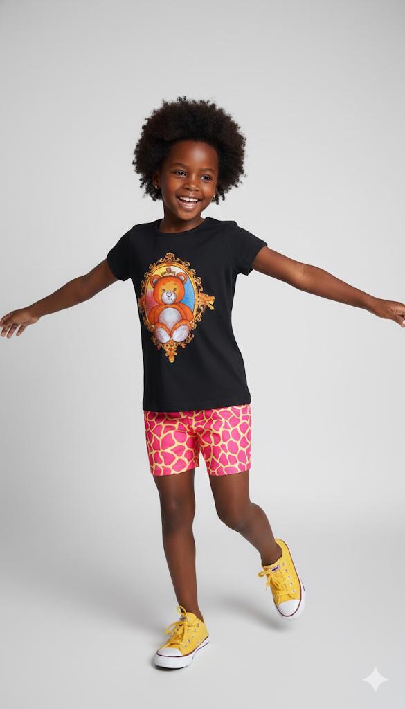 Conjunto Verão "Royal Teddy" – Camiseta Preta Moldura Gold e Short Girafa Pink