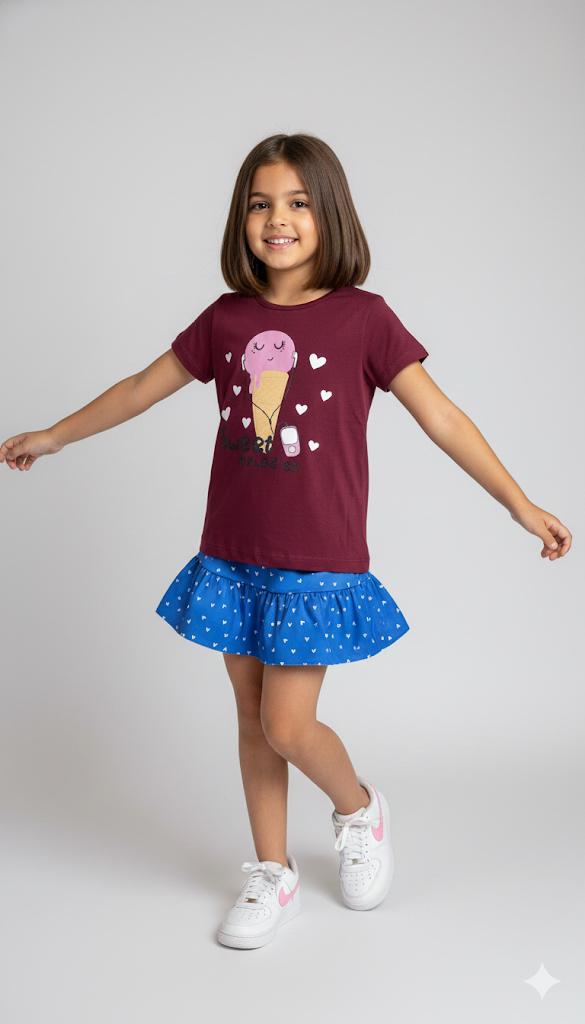 Conjunto Verão "Ice Cream Music" – Camiseta Vinho e Saia de Babados Azul