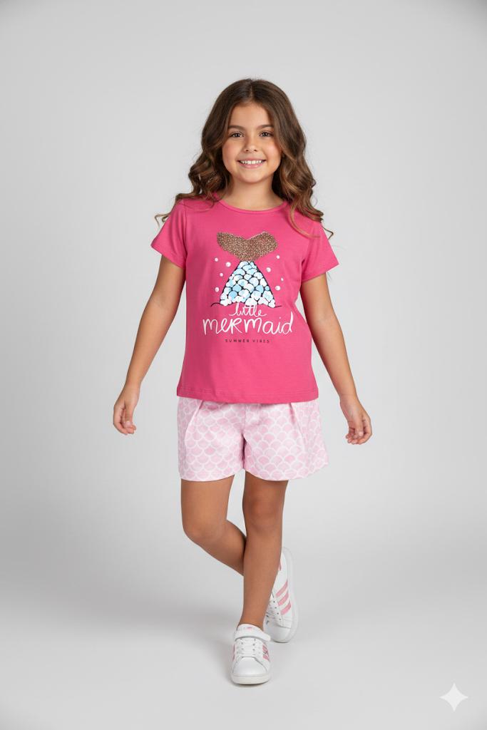 Conjunto Verão "Little Mermaid" – Camiseta Pink com Brilho e Short Escamas