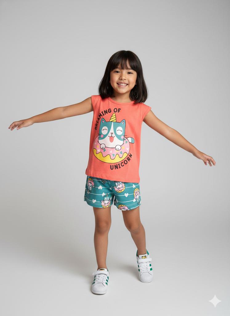 Conjunto Verão "Dreaming of Unicorn" – Regata Coral e Short Verde Água