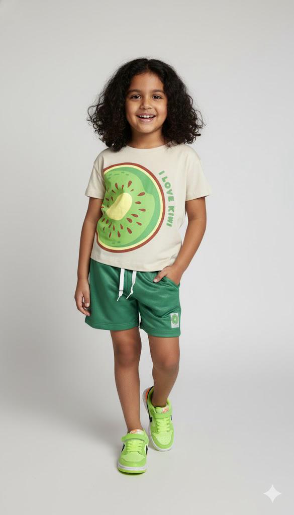 Conjunto Verão "I Love Kiwi" – Camiseta Off-White e Short Verde Esportivo