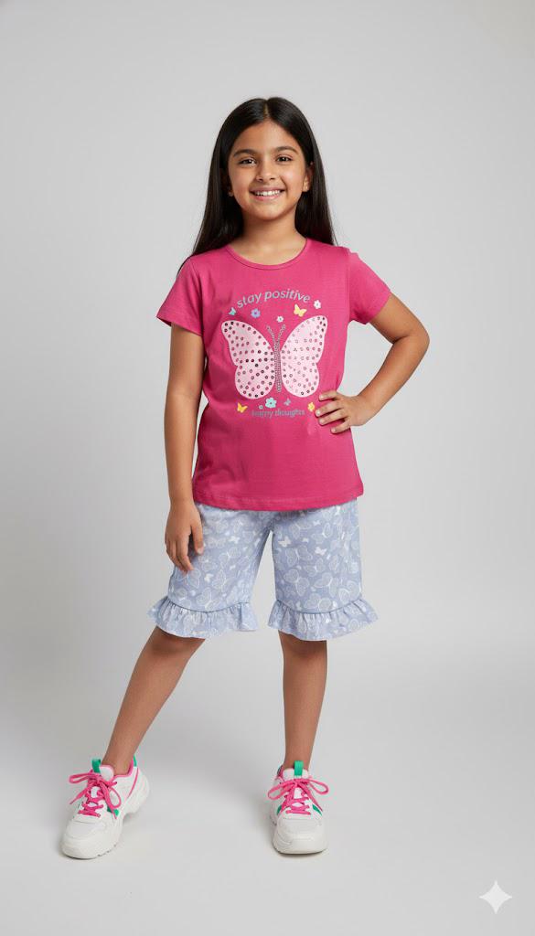 Conjunto Verão "Stay Positive" – Camiseta Pink e Bermuda Ciclista Borboletas