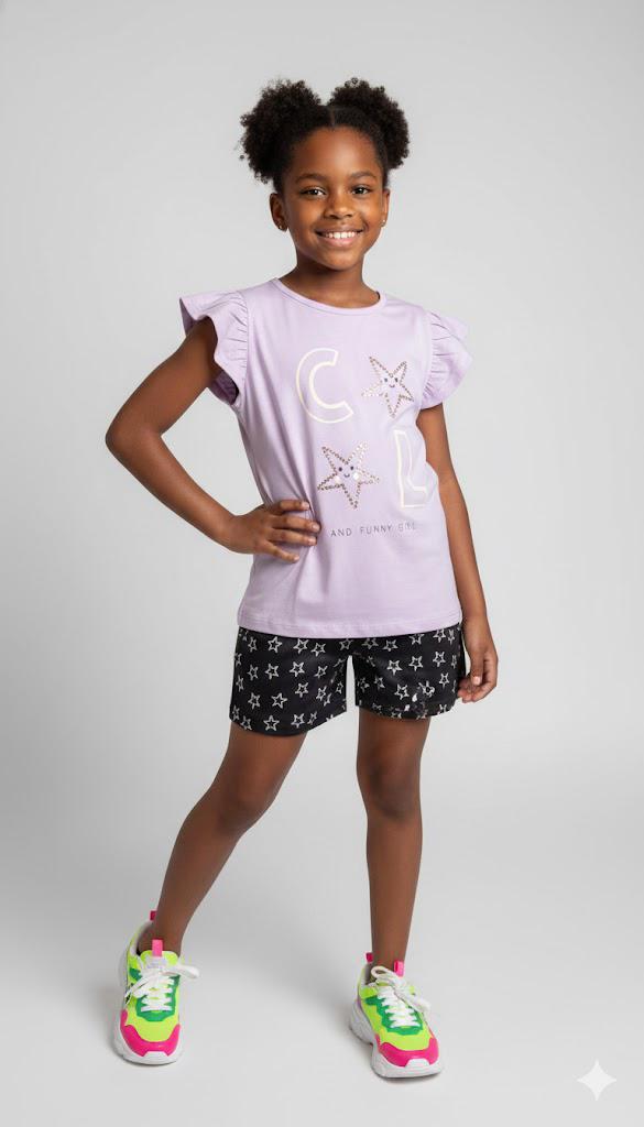 Conjunto Verão "Cool & Funny Girl" – Blusa Lilás com Babados e Short de Estrelas