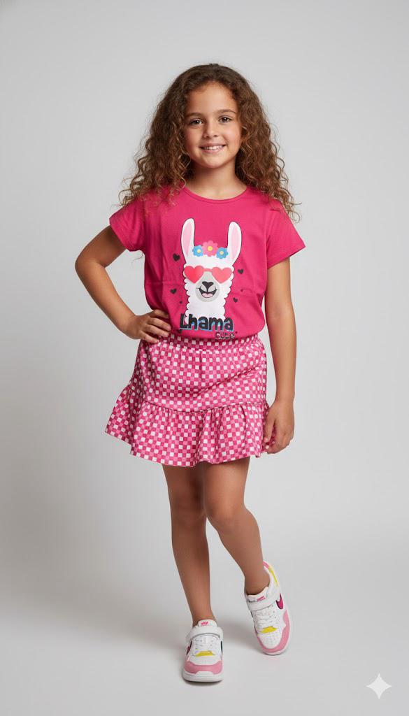 Conjunto Verão "Lhama Cute" – Camiseta Pink e Saia de Babados Xadrez